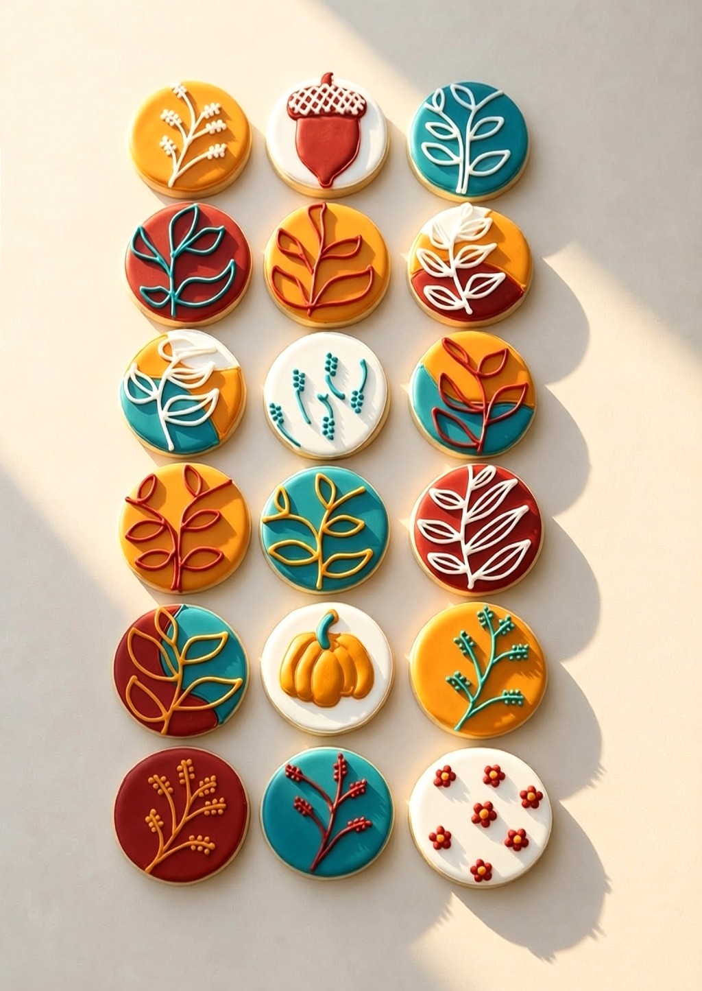 Hand-iced sugar cookies with autumn leaf, pumpkin, acorn, and floral designs