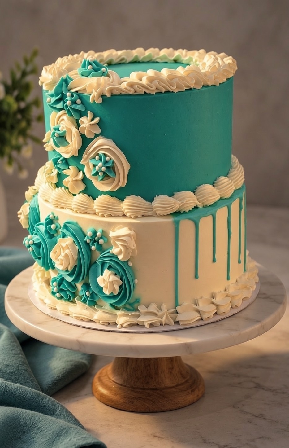 Two-tier teal and white buttercream cake with piped flowers