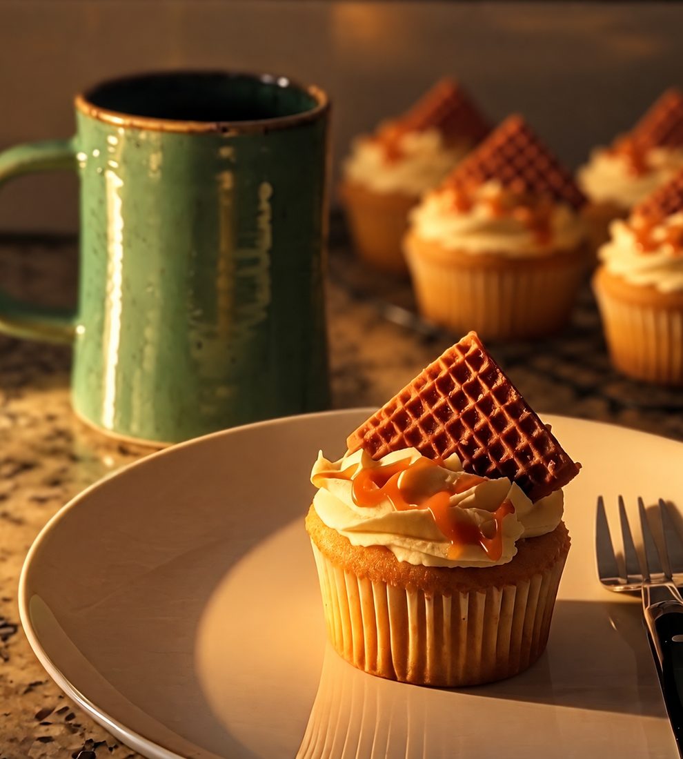 Caramel cupcake with swirled buttercream, caramel drizzle, and a waffle cookie topper, served on a plate