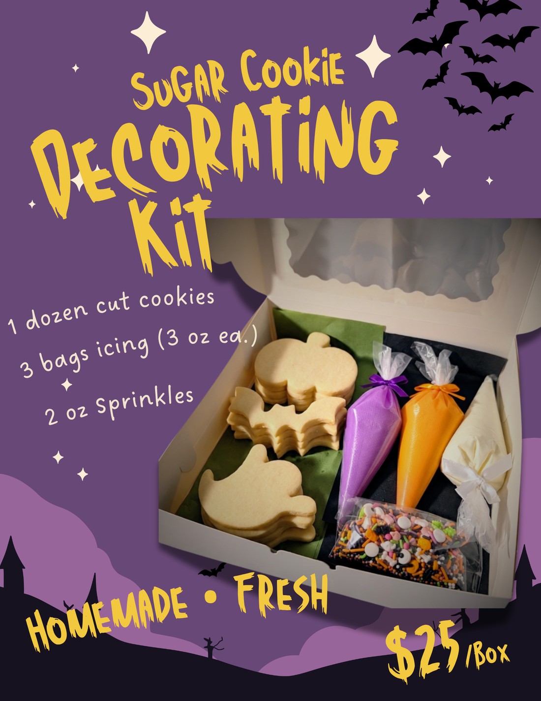 Promotional flyer for a sugar cookie decorating kit: an open white bakery box holding plain-cut pumpkin, bat, and ghost cookies with three bags of icing and a pouch of sprinkles, on a purple background with black bats and a spooky skyline