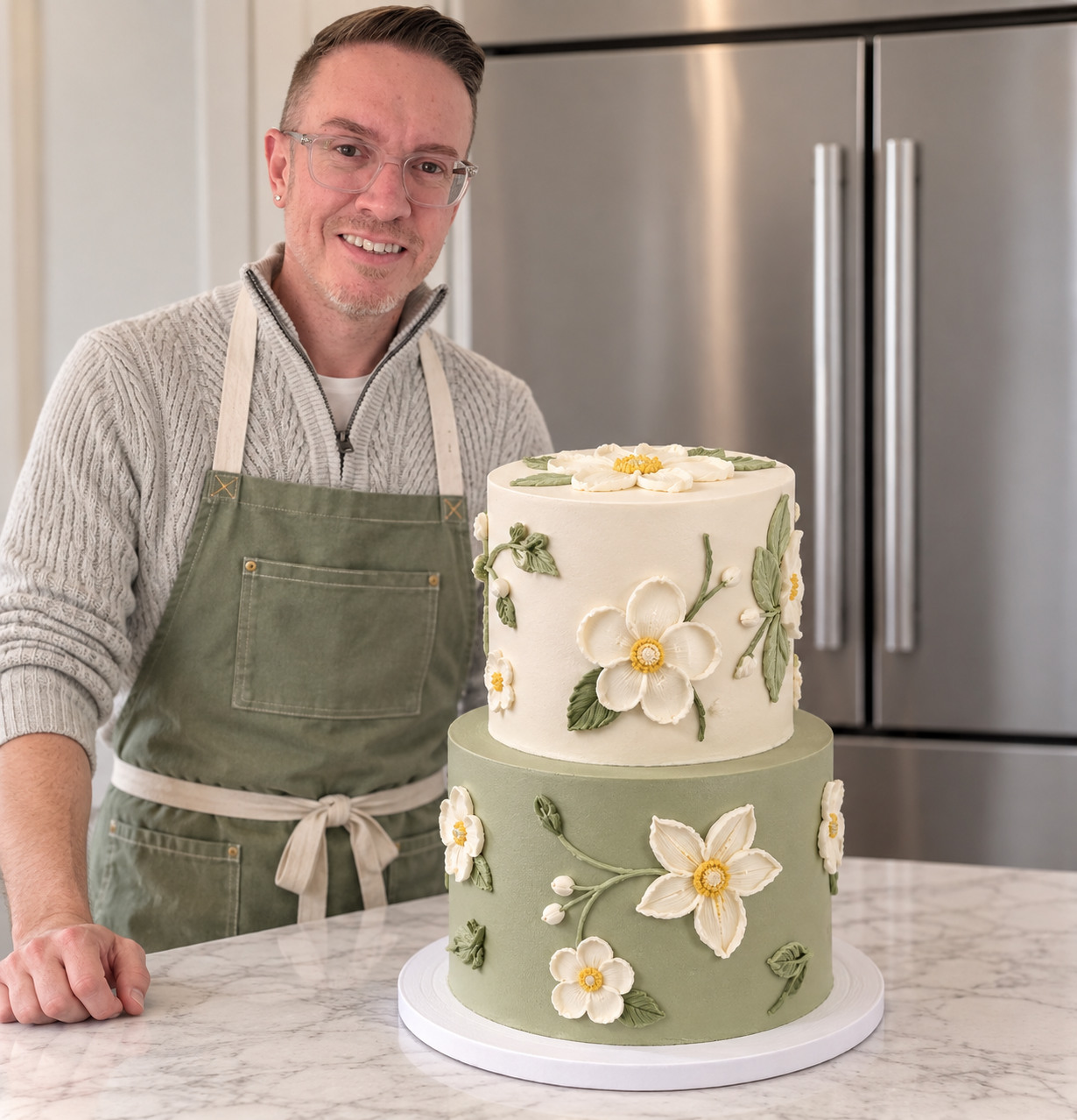 Two-tier sage green and white buttercream cake with hand-piped flowers