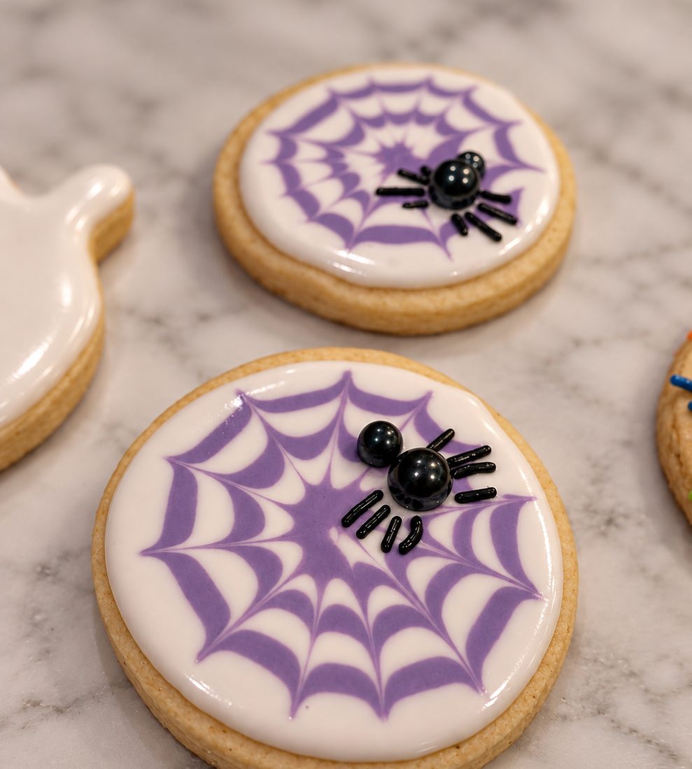 Halloween sugar cookies iced with white royal icing, purple spiderweb designs, and black beaded spiders