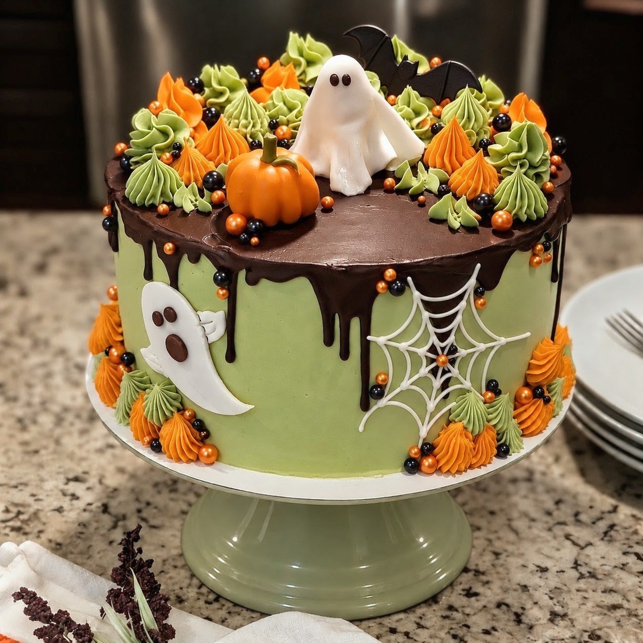 Halloween party cake with chocolate ganache drip
