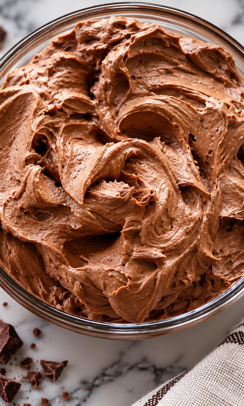 Chocolate buttercream filling: piped chocolate buttercream swirls in a glass bowl, chocolate chunks beside it