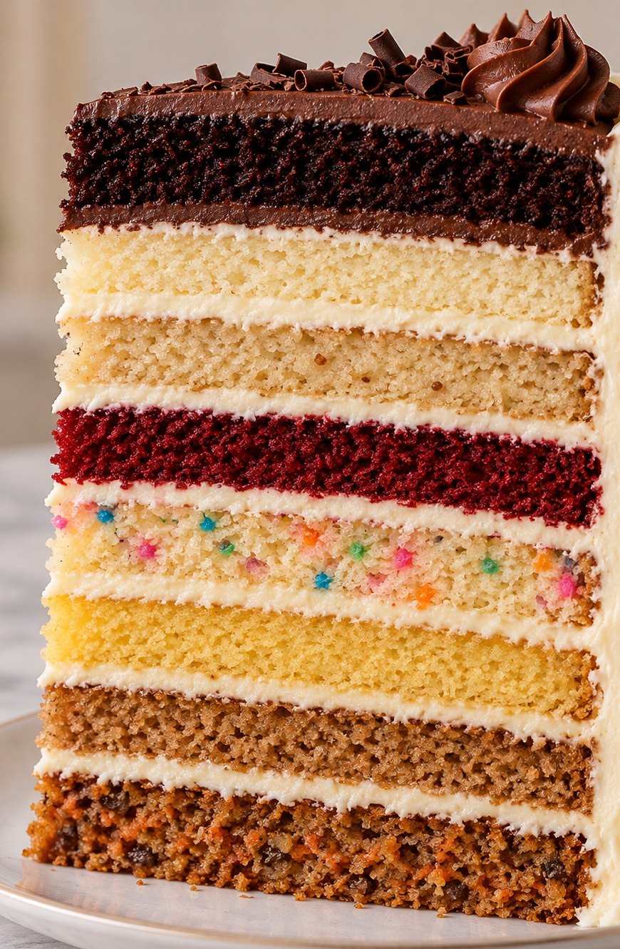 A tall slice of layer cake cut to show eight stacked sponge layers — chocolate, vanilla, almond, red velvet, funfetti, classic yellow, brown butter and carrot — with vanilla buttercream between them and chocolate curls on top