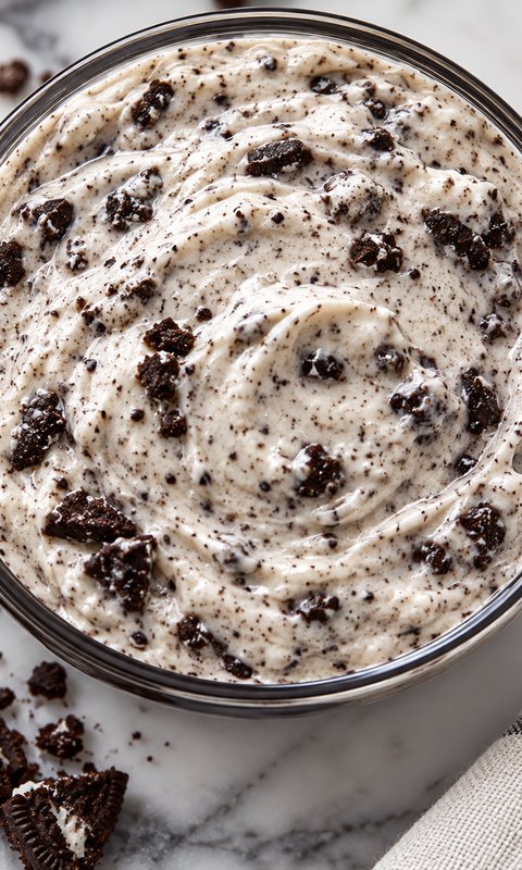Cookies and cream filling: whipped buttercream with crushed cookie pieces in a glass bowl, sandwich cookies beside it