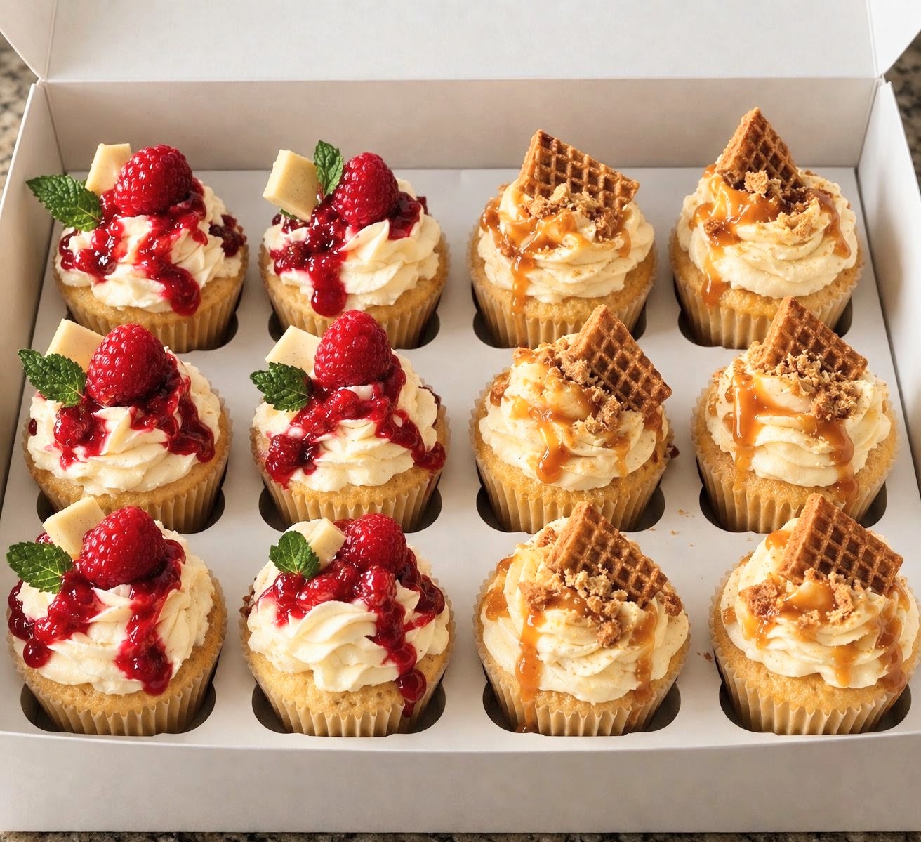 A dozen cupcakes in a box — six topped with berries, white chocolate and mint, and six with stroopwaffle, caramel drizzle and crumble